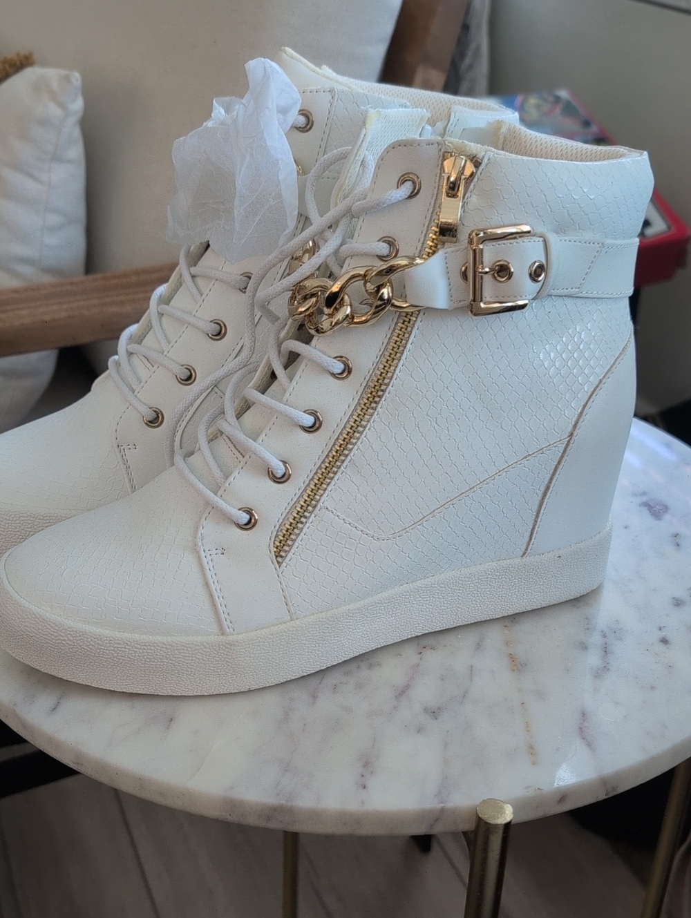 Shoe Dazzle White Wedge Sneakers with Gold Chain & Zipper